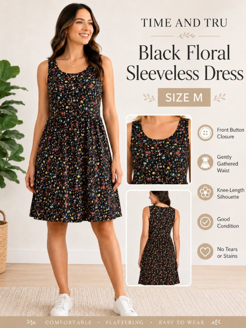 Time and Tru Black Floral Sundress Sleeveless U-Neck Flowy Above Knee Size M
